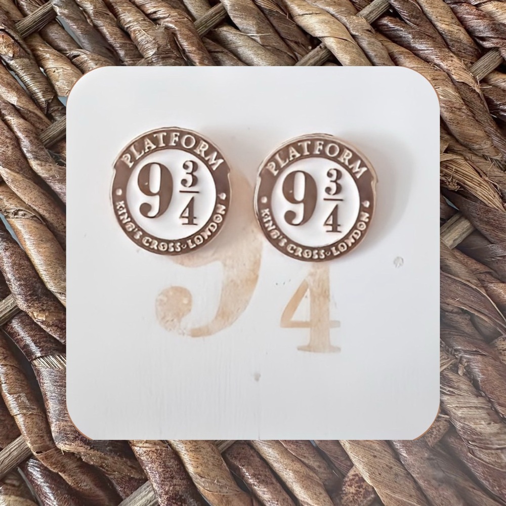 New Handmade Gold-Tone and White "Platform 9 3/4" (Harry Potter) Stud Earrings